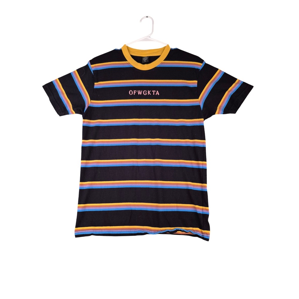 Odd Future OFWGKTA Striped T-Shirt Mens Large Black Pink Yellow Embroidered Tee